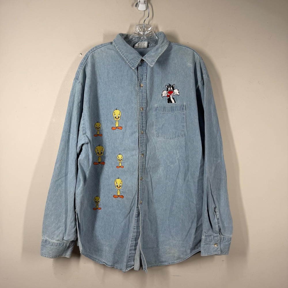 Crystal Springs Vintage Looney Tunes Tweety Sylvester Denim Shirt XXL USA Made